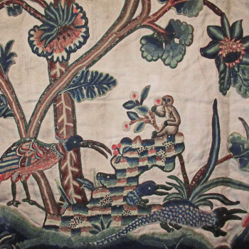 Textile Antiques - Detail from a pair of English crewelwork hangings, circa 1700-1720, each with an array of exotic animals and birds amid exuberantly flowering trees. Image of rug or carpet
